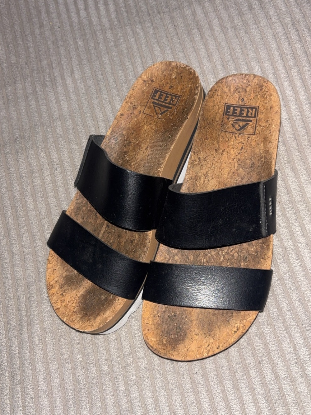 Reef Black Double-Strap Cork Slide Sandals